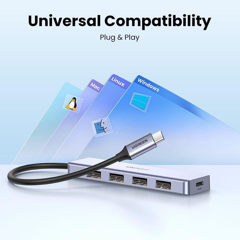 Miniatura: Hub USB tipo C UGREEN 4 en 1 con 4 puertos USB 3.0 5Gbps color gris espacial.