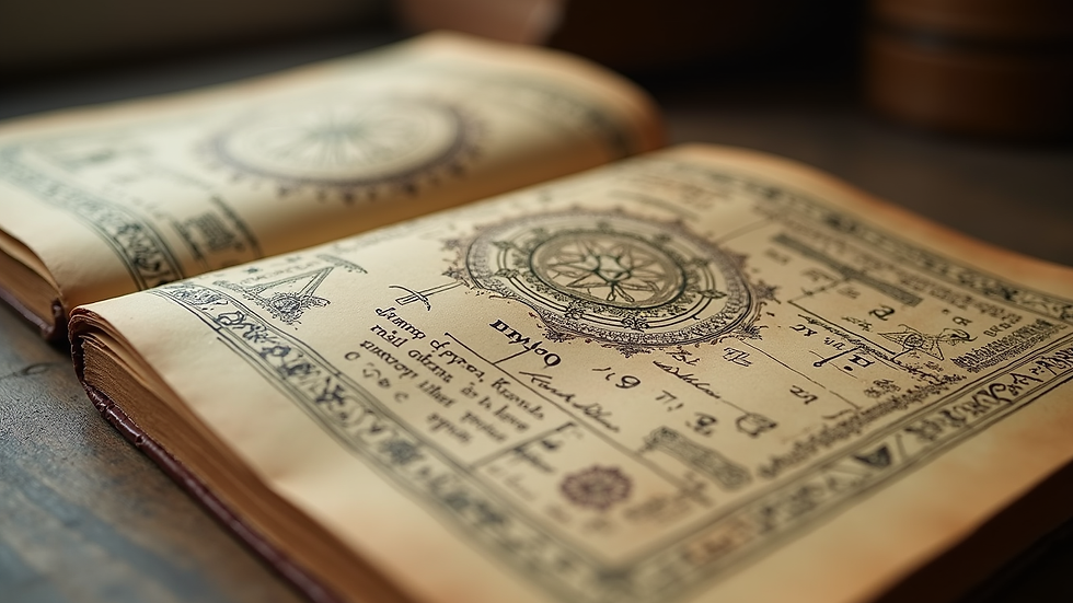 Eye-level view of an ancient alchemy manuscript with symbols and drawings