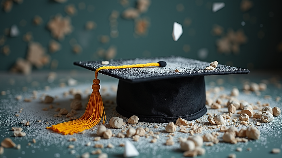 High angle view of a graduation cap and smashed items in a smash room