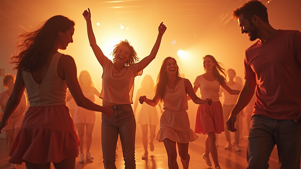 Eye-level view of a vibrant group dancing joyfully in a bright room