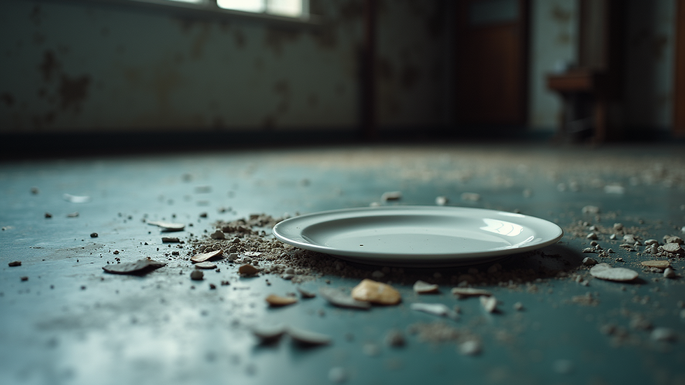 Close-up view of a smashed plate on the floor in a smash room
