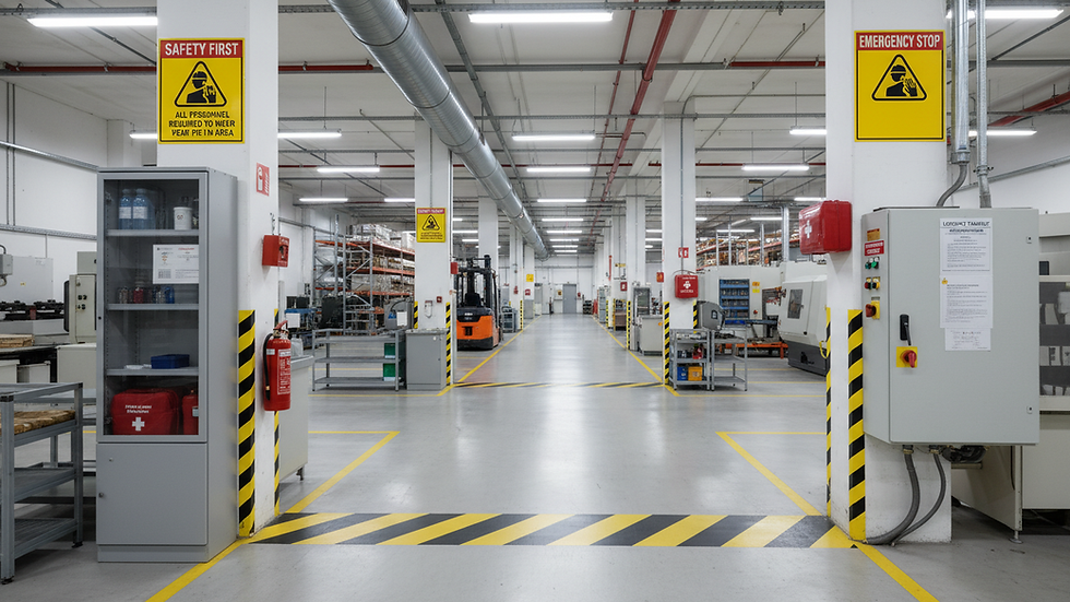 Eye-level view of a factory floor with safety signs and equipment