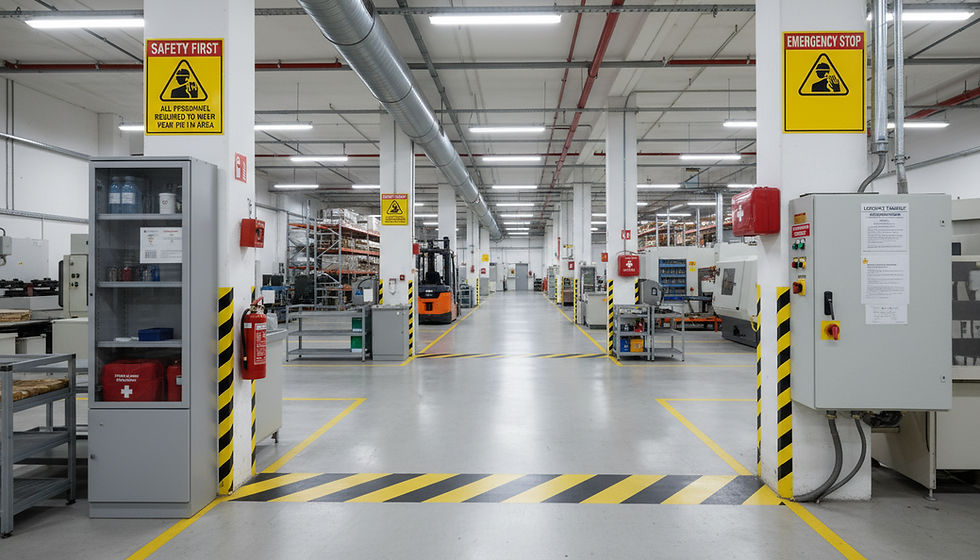 Eye-level view of a factory floor with safety signs and equipment