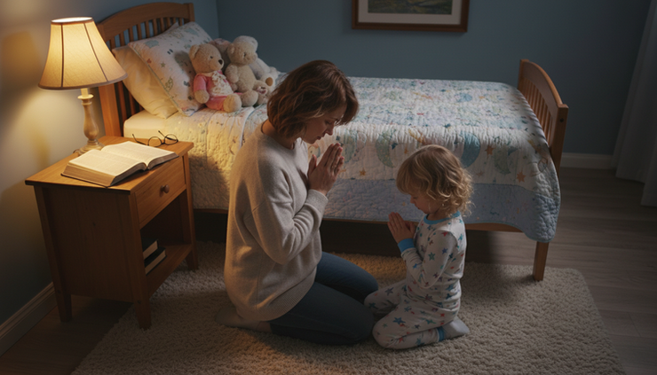 Overhead view of a child and parent praying beside a bed at night