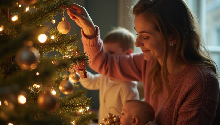 Eye-level view of a family decorating a Christmas tree with handmade ornaments symbolizing giving