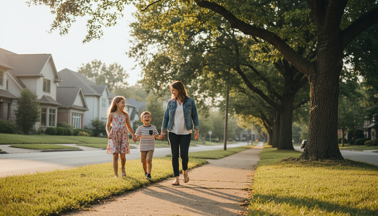 Wide-angle view of a family walking together on a quiet neighborhood sidewalk