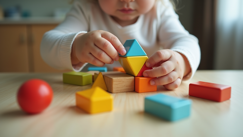 Close-up view of a toddler’s hands fitting a triangle block into a shape sorter