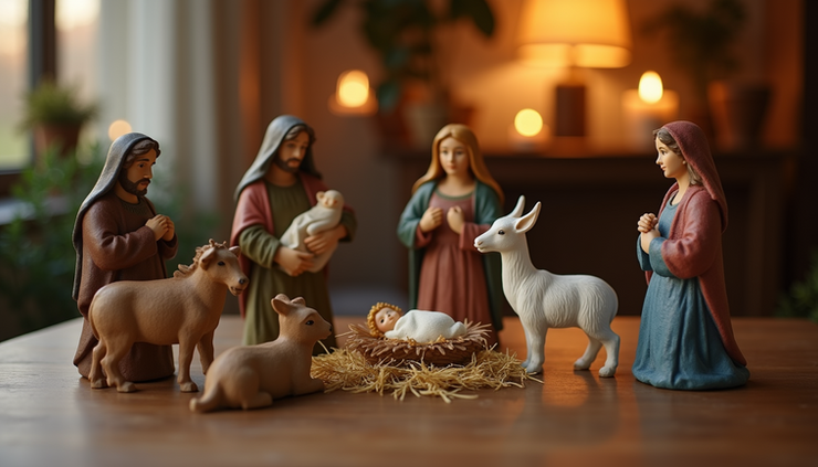Eye-level view of a nativity scene with figurines arranged on a wooden table