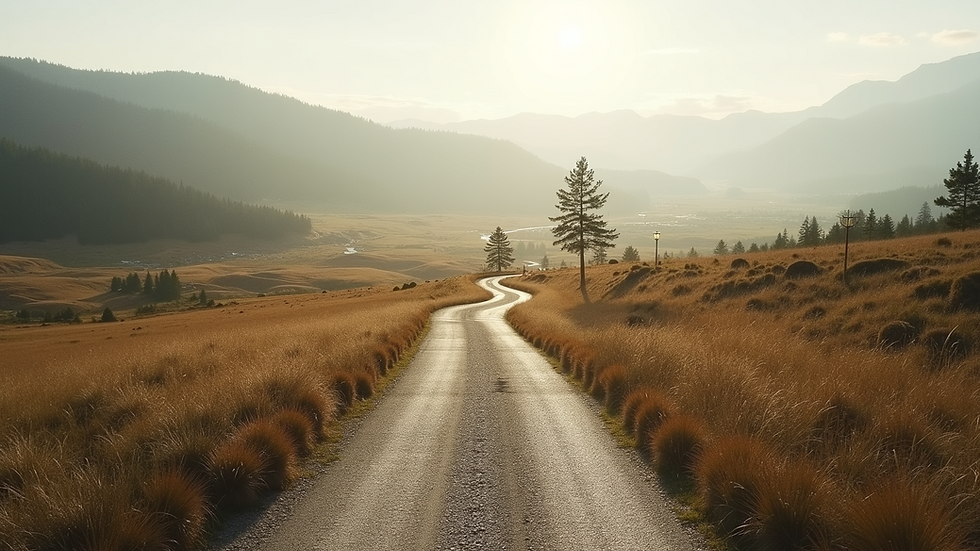 Eye-level view of a serene landscape with a winding path leading to a distant horizon