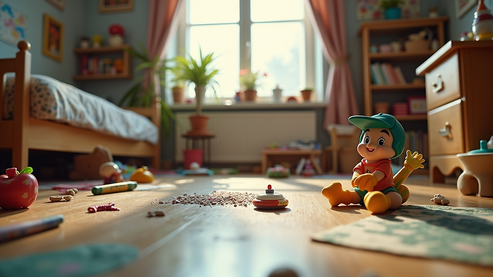 Eye-level view of a cluttered playroom filled with toys and scattered art supplies