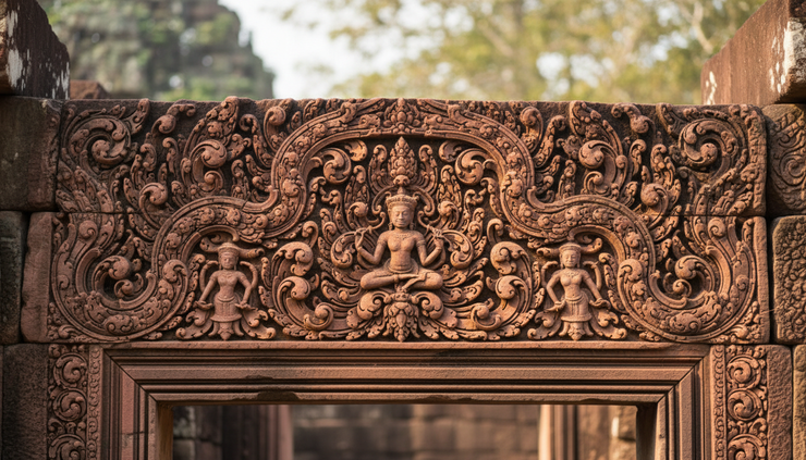 Close-up view of intricate sandstone carvings at Banteay Srei temple