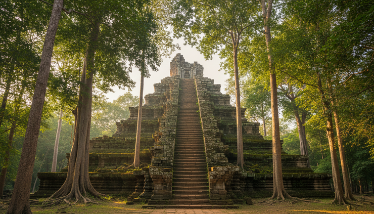 Eye-level view of a stone staircase rising up the pyramid temple at Koh Ker
