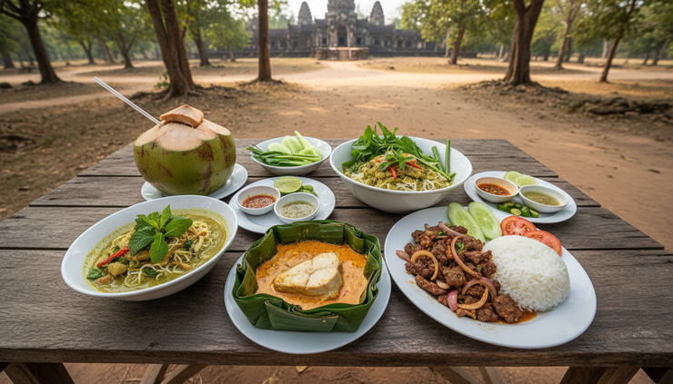 Overhead view of Cambodian dishes served on a wooden table during a temple day trip