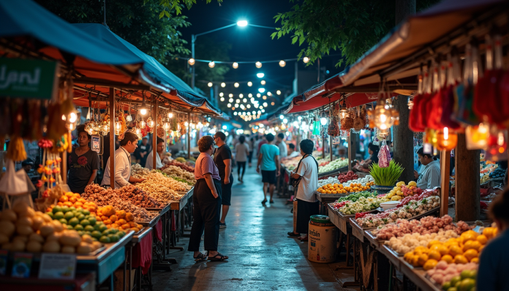 High angle view of colorful stalls at Siem Reap night market
