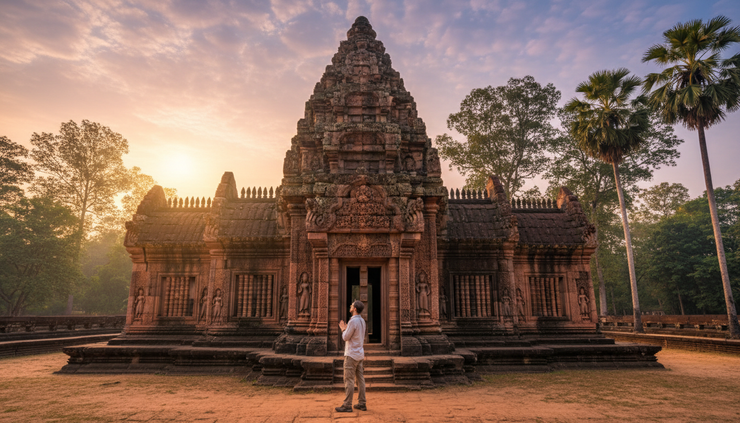 Wide-angle view of a traveler standing near red sandstone temple carvings in Cambodia