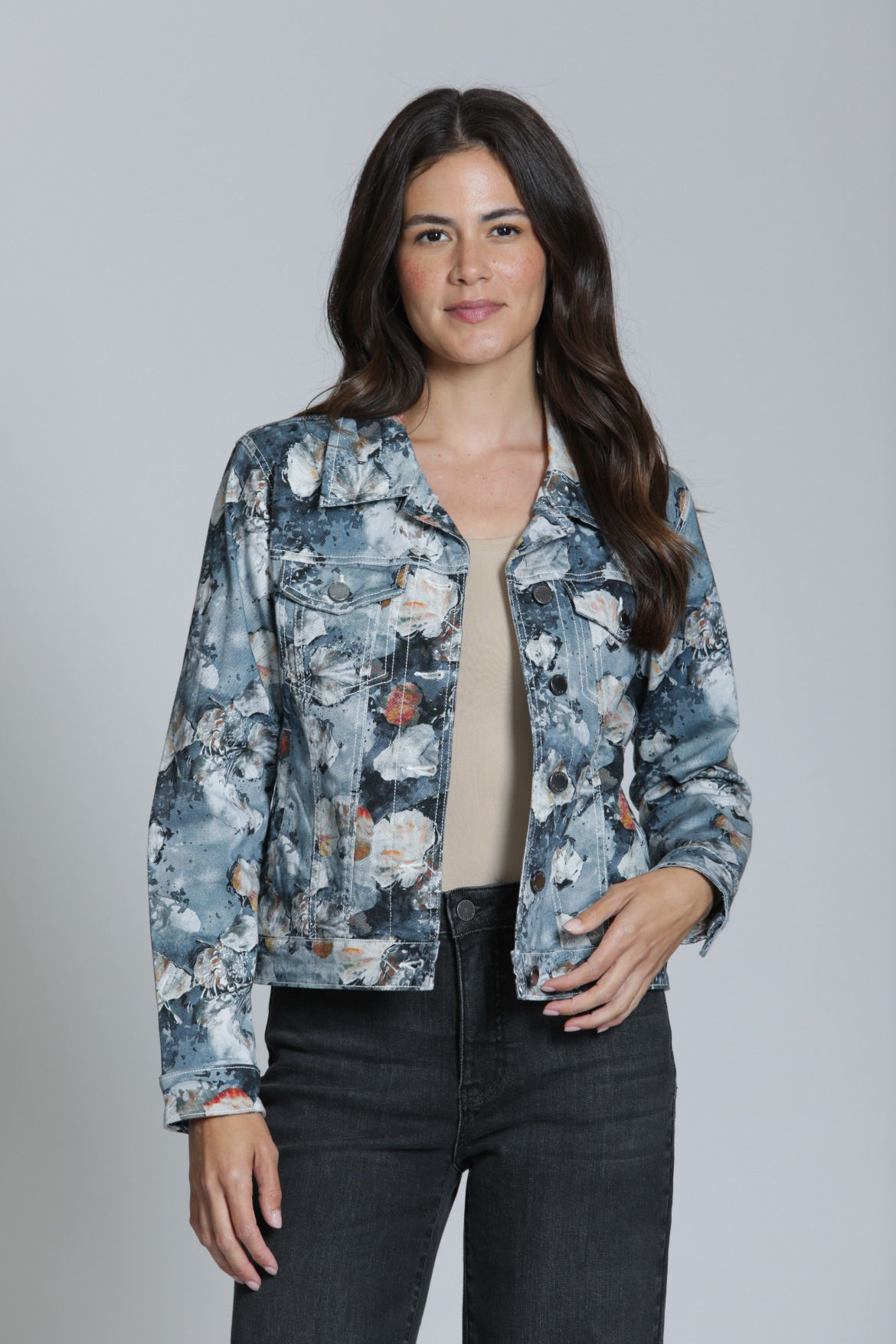 Printed Denim Jacket - Silver Grey