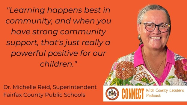 Smiling Dr. Michelle Reid on orange graphic with quote about learning in community and text Fairfax County Public Schools CONNECT. Links to Fairfax County Government News Center