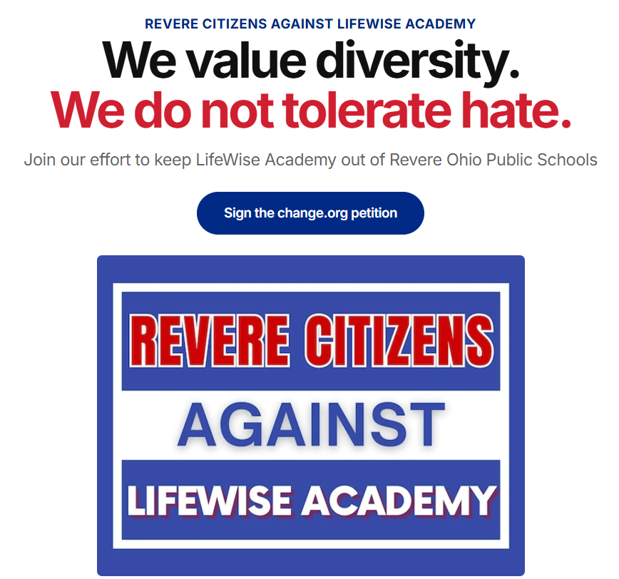 Text reads: Revere Citizens Against LifeWise Academy. "We value diversity. We do not tolerate hate." Includes a prompt to sign a petition.