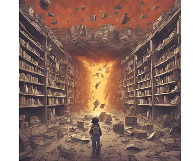 Small child with a backpack in a library at the end of the world