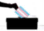 Hand placing a card with a blue, pink, and white pattern into a black ballot box against a white background, symbolizing voting or activism.