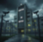 Gloomy school building with "NEWSPEAK" and "BIG BROTHER" text. Barbed wire fences and surveillance cameras surround it. Dark, ominous sky.