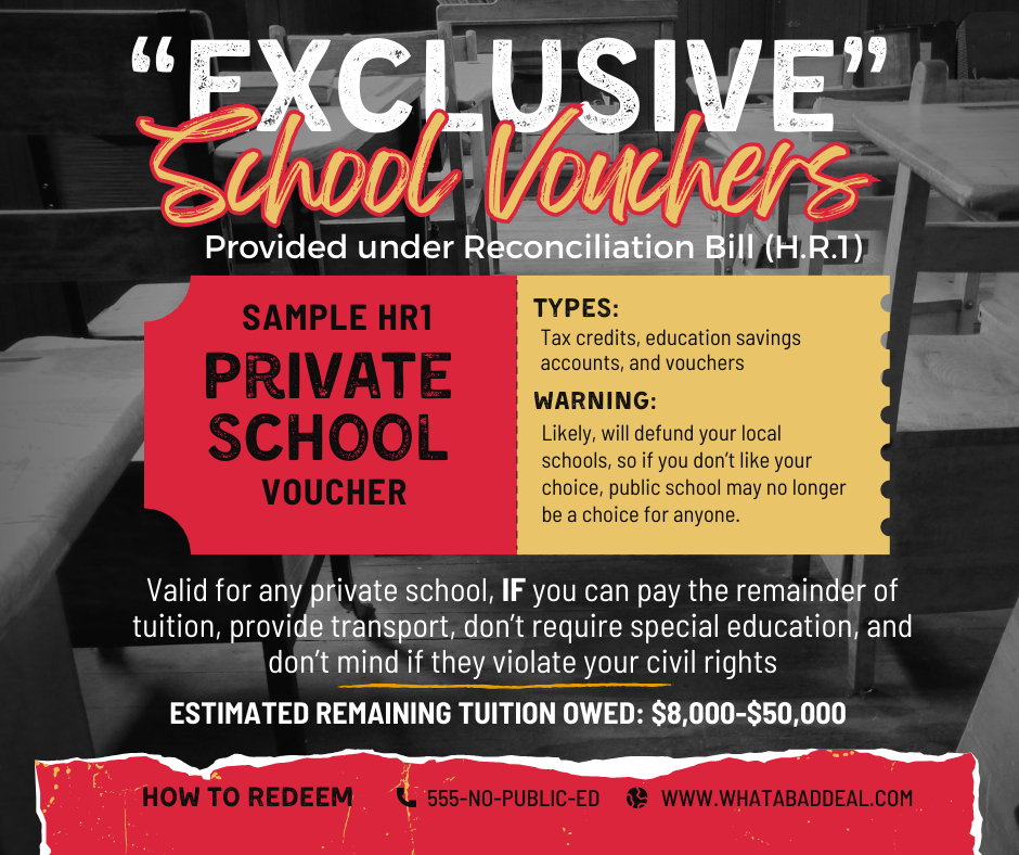 "Exclusive" school vouchers poster featuring red and yellow text on classroom background. Includes details on types, warnings, and tuition info.