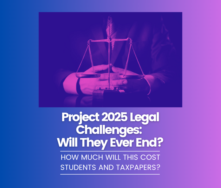 Purple-blue poster with scales of justice and folded hands, titled Project 2025 Legal Challenges: Will They Ever End?