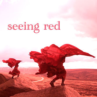 seeing red is an image of two red winged figures stood on rocks above a desolate landscape in strong wind