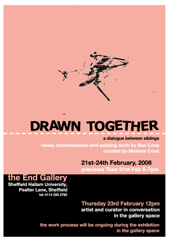 drawn together exhibition image featuring colliding helicopters