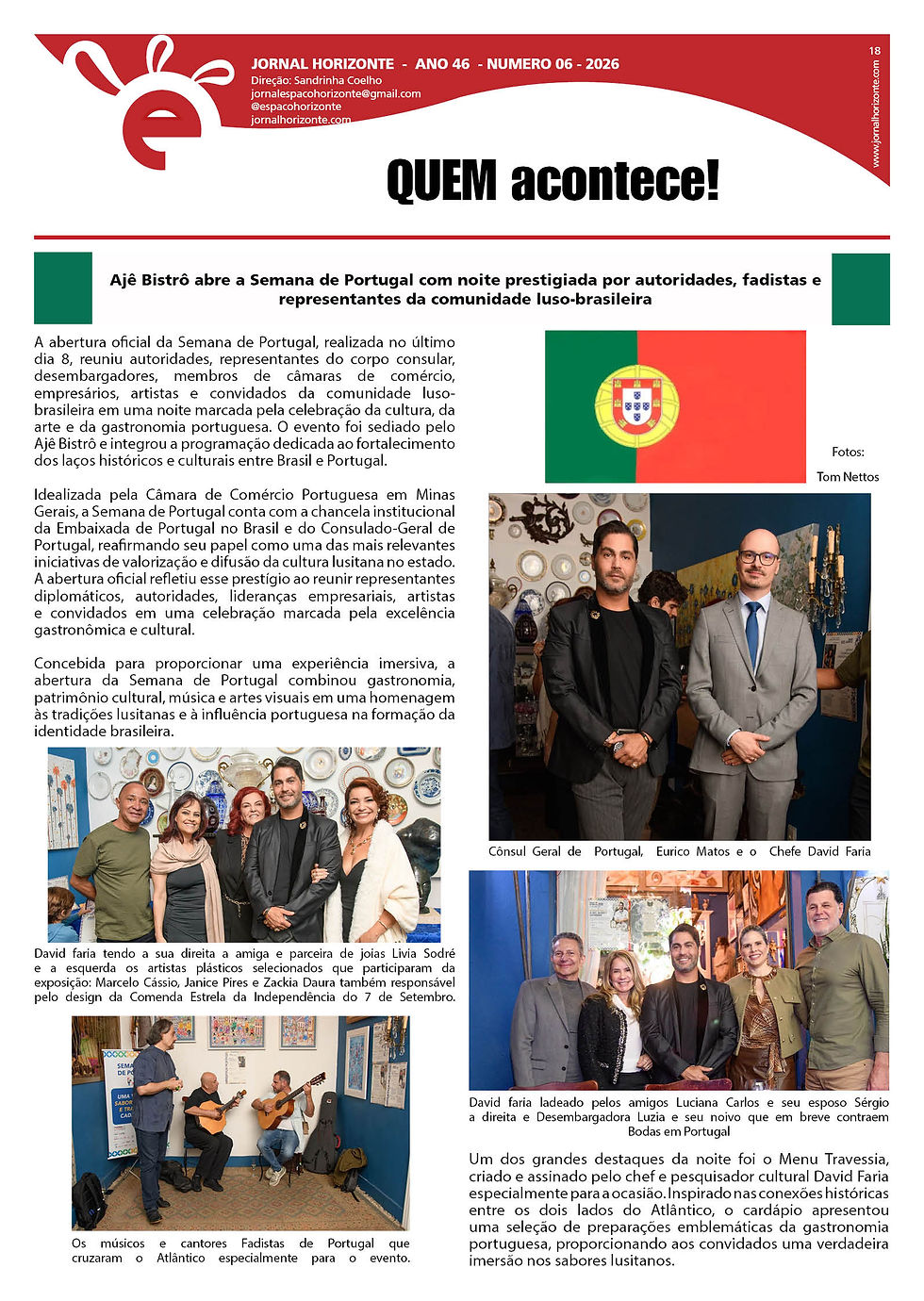 Jornal Horizonte mostra a 18ª página do Jornal Horizonte do mês de junho de 2026, Edição Especial Vila Galé Collection Ouro Preto, com as fotos da abertura da Semana de Portugal no Ajê Bistrô, do Chefe David Faria