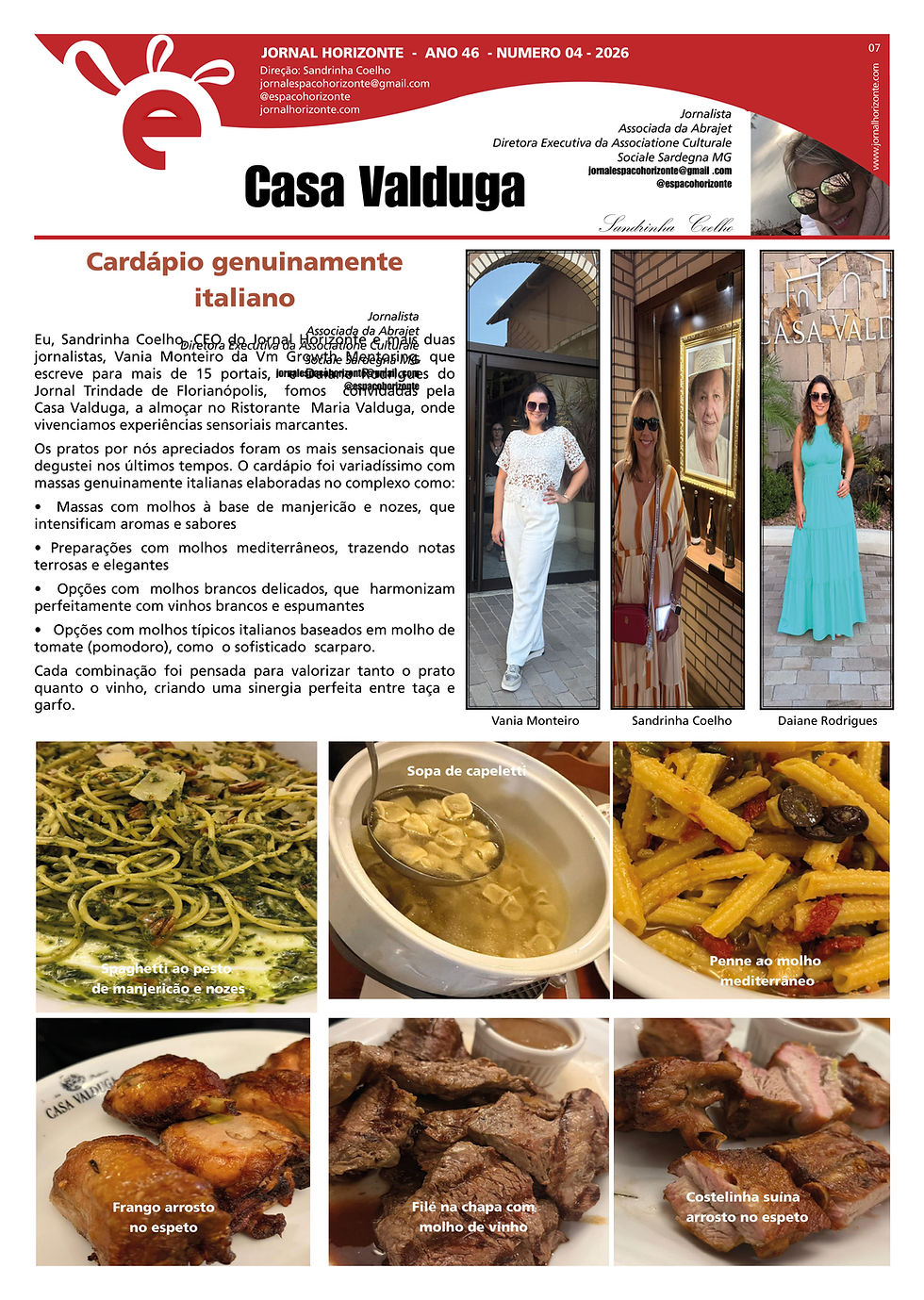 Jornal Horizonte abril de 2026 - Página 7 -  Viver Vinhos - Casa Valduga - Fotos com os pratos de massa italiana, confeccionados na Massaria Maria Valduga em Bento Gonçalves e fotos das três jornalistas, Vania Monteiro, Sandrinha Coelho e Daiane Rodrigues