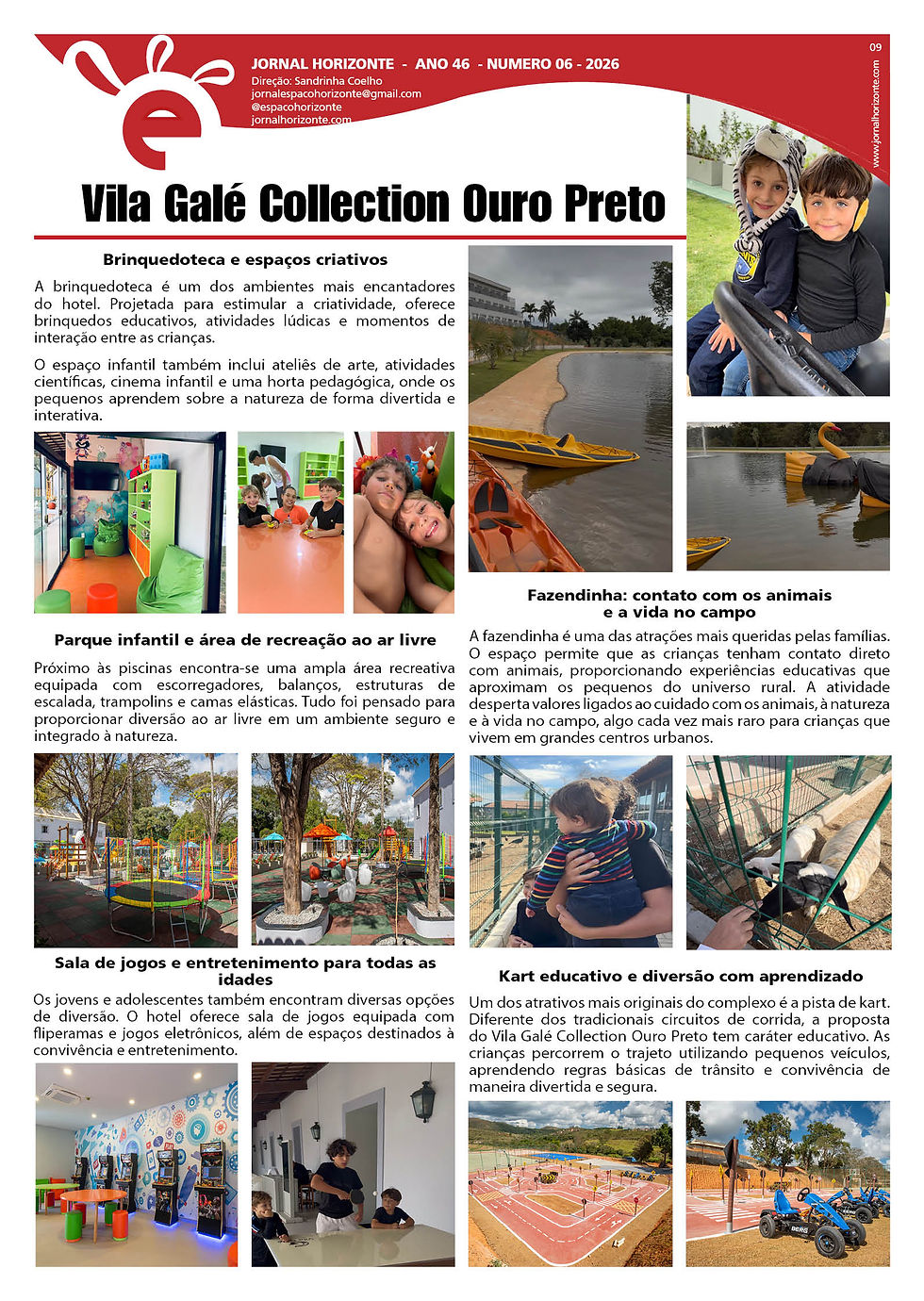 Jornal Horizonte mostra a 9ª página do Jornal Horizonte do mês de junho de 2026, Edição Especial Vila Galé Collection Ouro Preto, com as fotos da brinquedoteca, sala de jogos e kart educativo