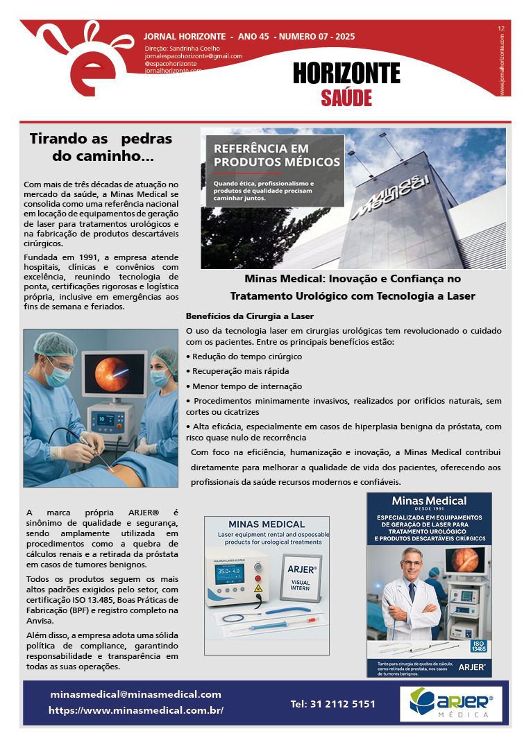 Página do Jornal Horizonte com fotos da Minas Medical tirando pedras nos rins