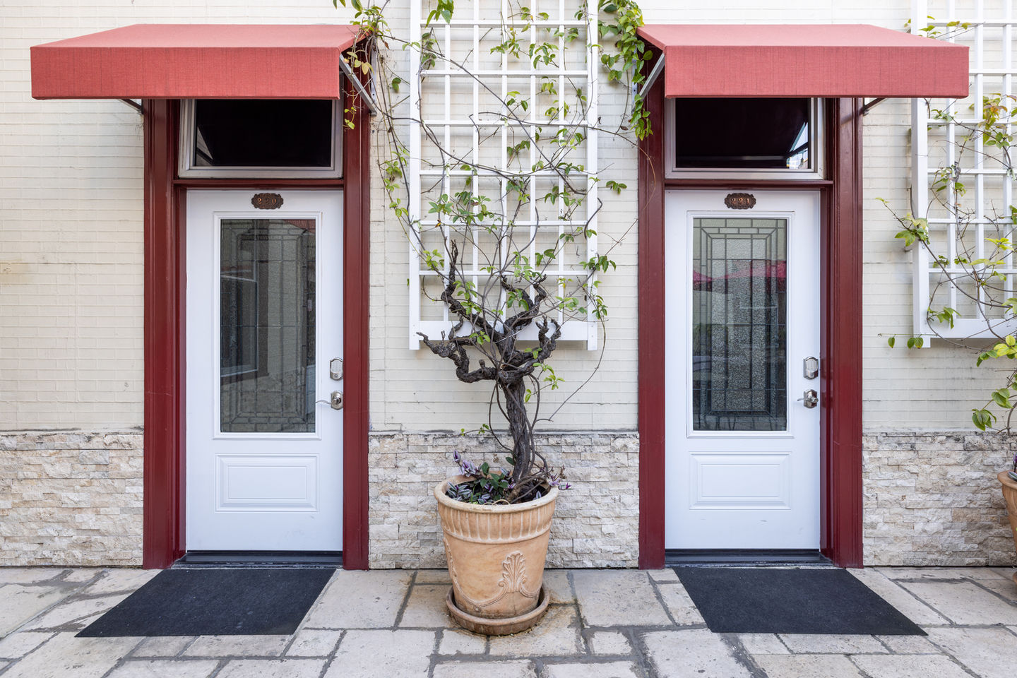 Two room entrances with red awnings and a potted plant