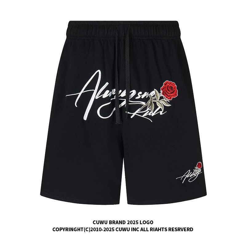 Thumbnail: Rose Letter Embroidery Loose Fit Casual Shorts
