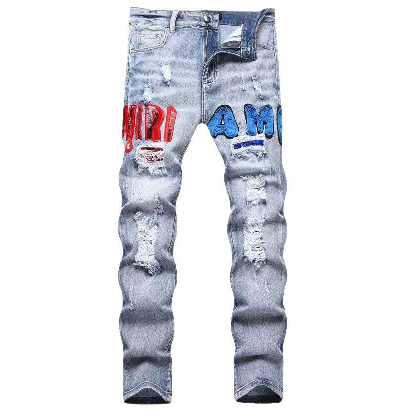 Thumbnail: Slim Fit Patchwork Distressed Denim Jeans for Men