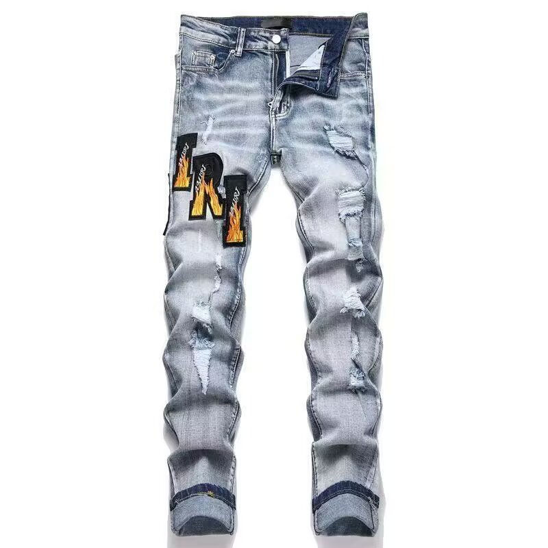 Thumbnail: Slim Fit Patchwork Distressed Denim Jeans for Men