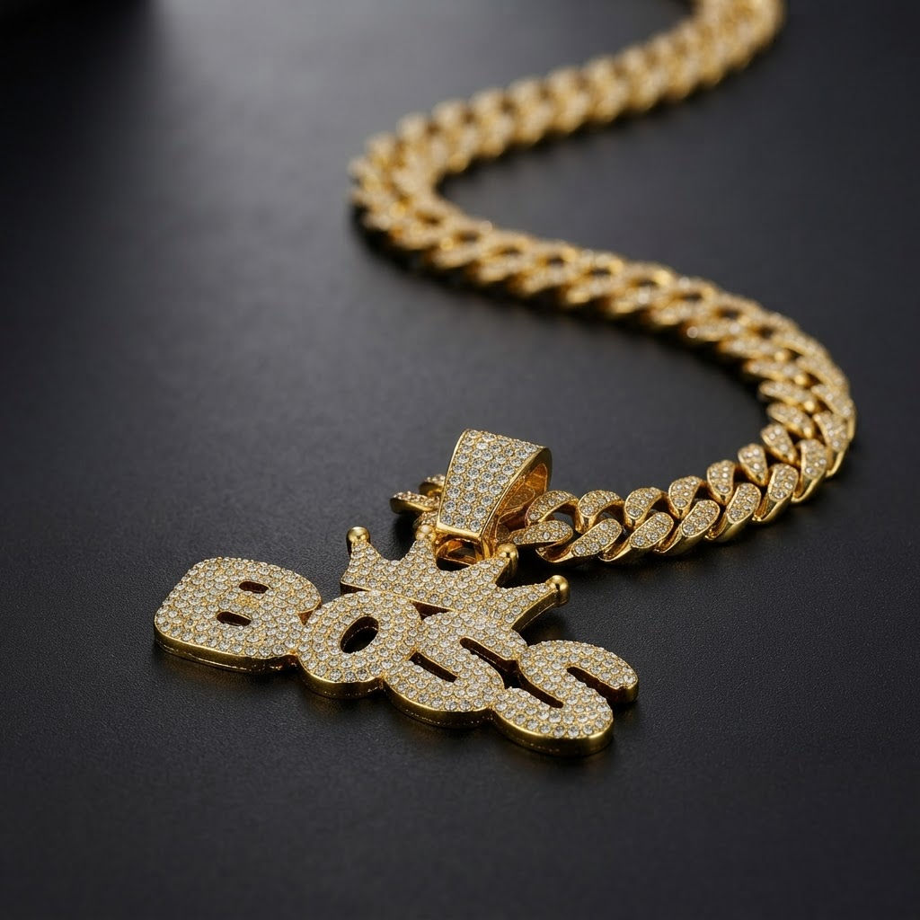 Gold crown BOSS pendant on gold Cuban chain