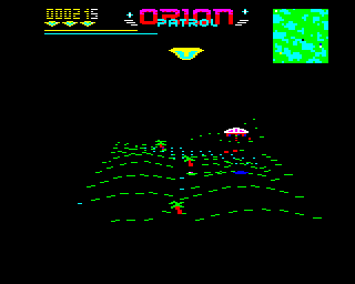 Screenshot from BBC Micro game Orion Patrol. This game uses a clever dot-plotting system to generate 3D landscapes, with small palm trees visible. The player's ship is visible at the top of the screen, a yellow triangle with the V of the thrusters in turquoise underneath. The red and purple enemy is vaguely triangular in shape, with a small blue shadow underneath. Top left is the score (000215) and three life indicators, with thin yellow and turquoise bars underneath (representing energy in yellow and height in turquoise). Top middle is the logo ORION PATROL. Top right is the map, a mix of green (land) and turquoise (water) areas. Black dots show the location of player and enemy.