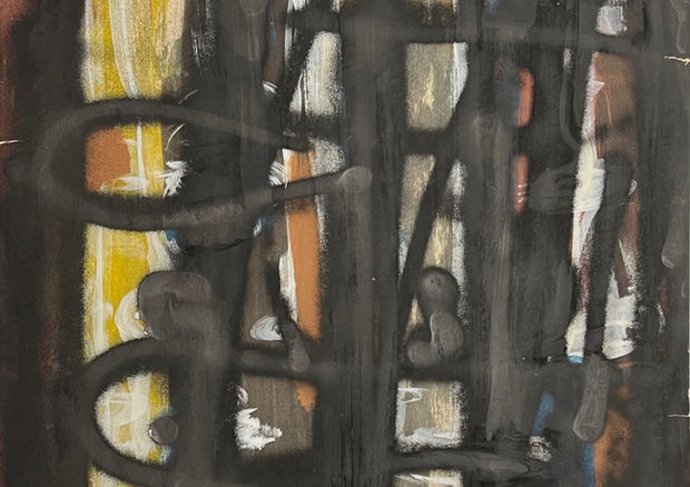Untitled (Black Abstract with Yellow & Brown), 1954, mixed media on paper, 28 1/2" x 22 1/2". Dusti Bongé Art Foundation.