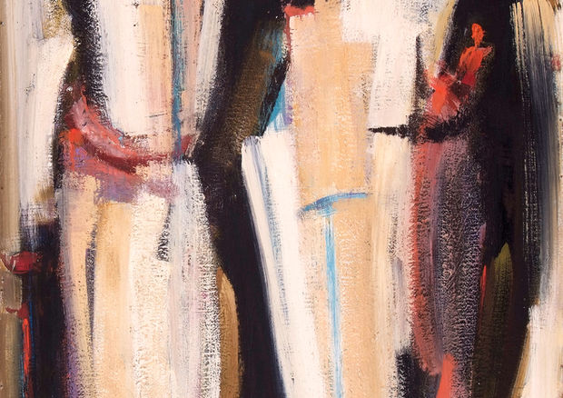 Untitled (White, Tan, Red and Black Abstract), 1954, oil on Masonite. Dusti Bongé Art Foundation.