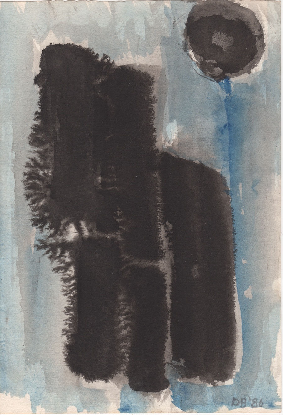 Untitled (Black Rectangle and Circle on Blue Ground)), 1986, watercolor on paper, 8 ¾’ x 6”