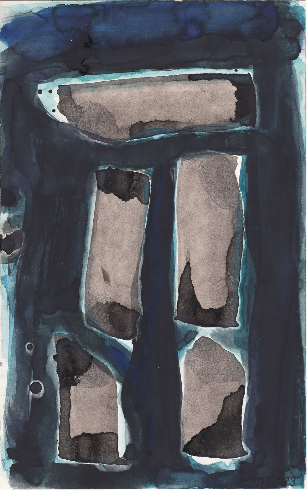 Untitled (Gray Forms with Blue and Black), 1983, watercolor on paper, 8” x 5”