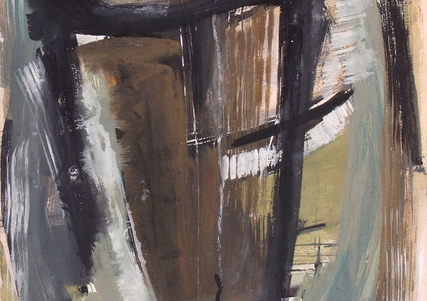 Untitled (Black Cone with Brown and Green), 1955, mixed media on paper, 26" x 20". Paul Bongé Collection.