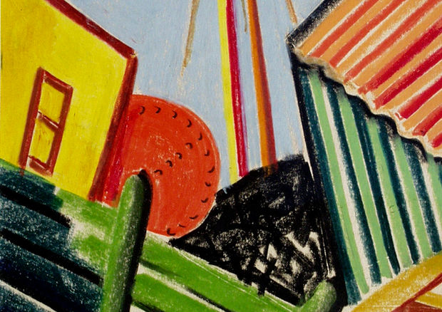 1939, Seafood Factory with Steam Pipe, oil pastel on paper.