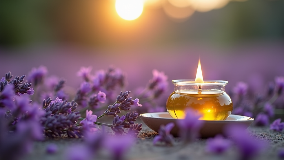 Augenhöhe Blick auf eine Duftlampe mit Lavendelöl und getrockneten Lavendelblüten