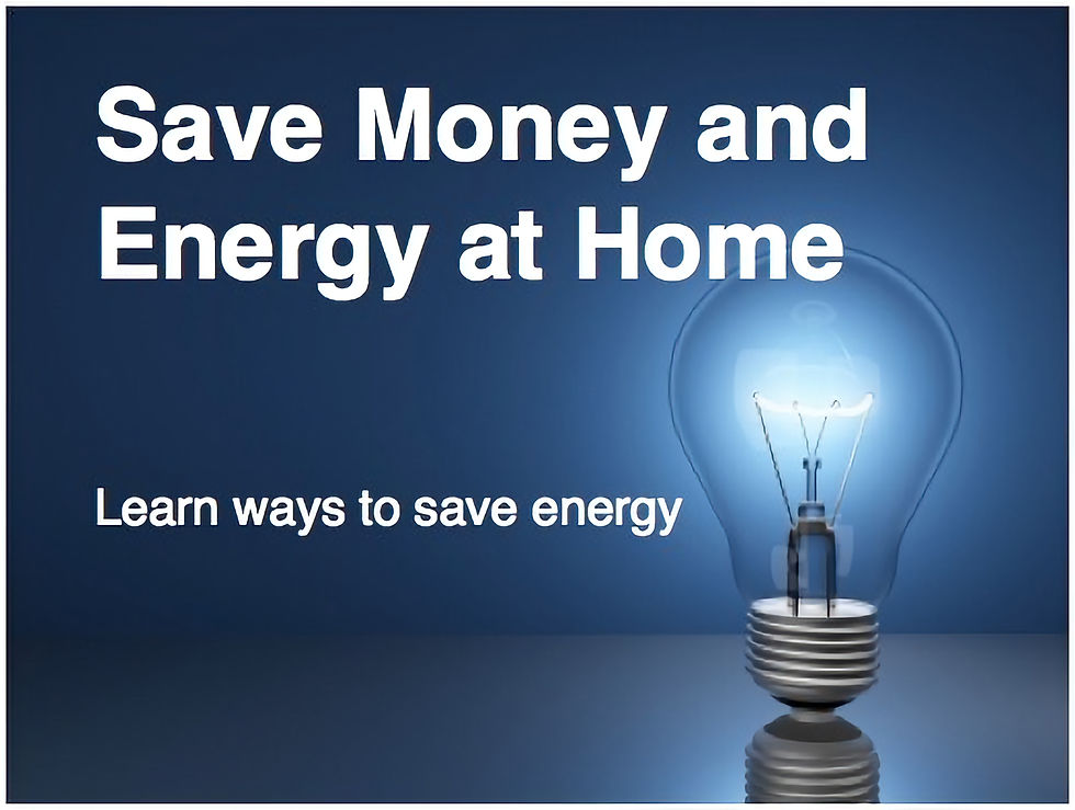Blue background with a glowing light bulb. White text reads "Save Money and Energy at Home" and "Learn ways to save energy."