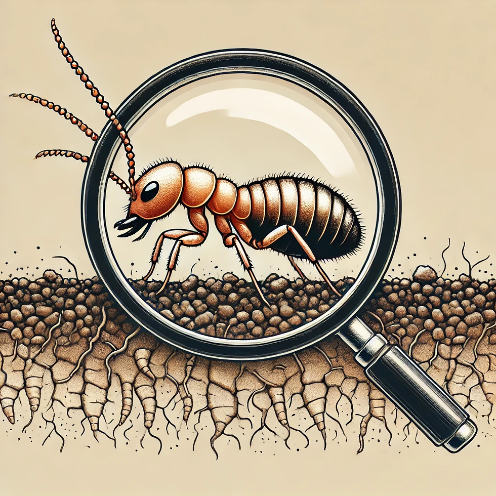A magnifying glass enlarges a termite above soil with roots. The termite is detailed, with a brown body and black legs on a beige background.