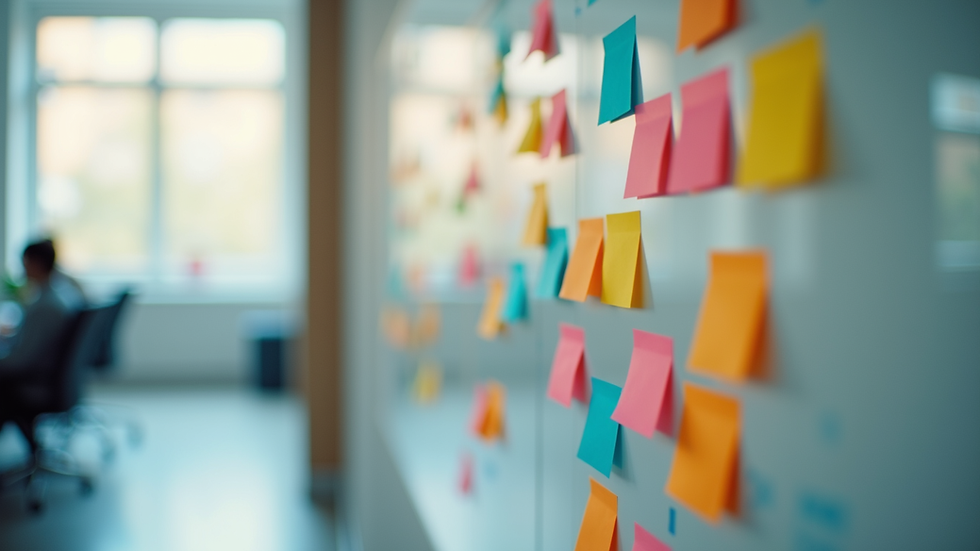 Eye-level view of a strategic planning board with colorful sticky notes