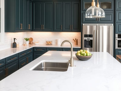 A modern kitchen remodel Pasadena featuring a large quartz island and custom cabinets, completed by an expert Pasadena Contractor